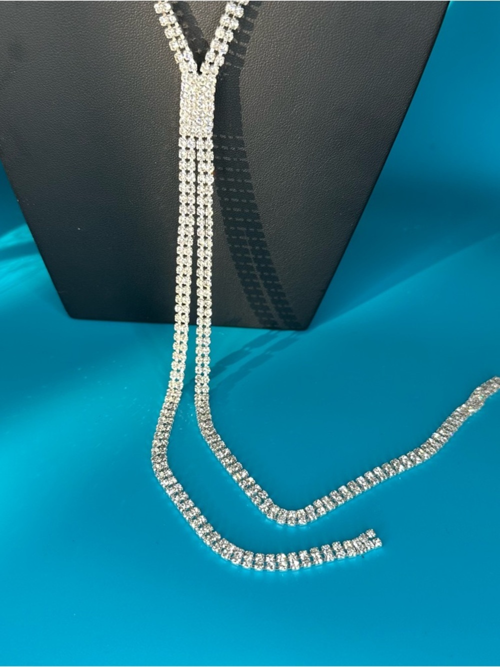 Silver Rhinestone Y Necklace Long Drop Necklace Elegant Sparkly Statement - Picture 7 of 10